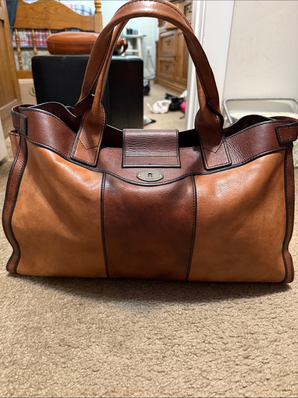 Fossil Two-Tone Brown Leather Tote Bag